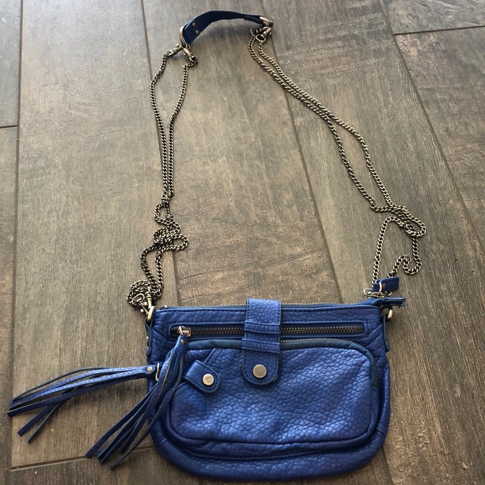 Royal blue cross body bag with silver chain strap